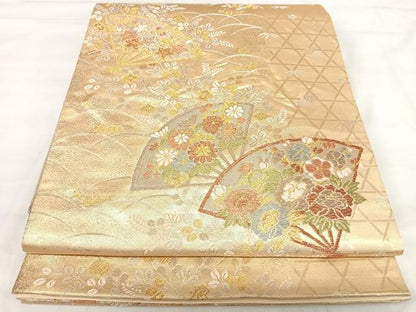 平和屋着物◎六通柄袋帯 扇面花文 金銀糸 正絹 逸品 AABI5558yx