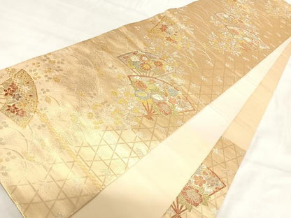 平和屋着物◎六通柄袋帯 扇面花文 金銀糸 正絹 逸品 AABI5558yx