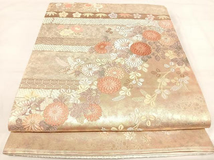 平和屋着物◎六通柄袋帯 唐織 重陽寿菊文 金銀糸 正絹 逸品 AABI5560yx