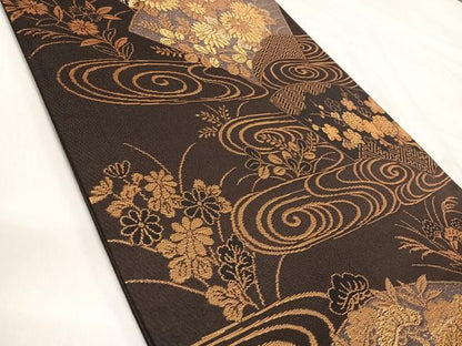 平和屋着物◎六通柄袋帯　地紙流水花文　金糸　正絹　逸品　AABI5563yx