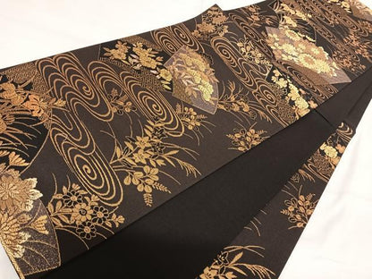 平和屋着物◎六通柄袋帯　地紙流水花文　金糸　正絹　逸品　AABI5563yx