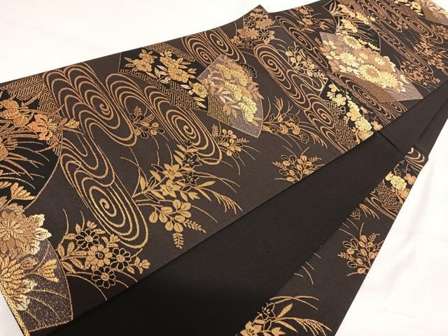 平和屋着物◎六通柄袋帯　地紙流水花文　金糸　正絹　逸品　AABI5563yx