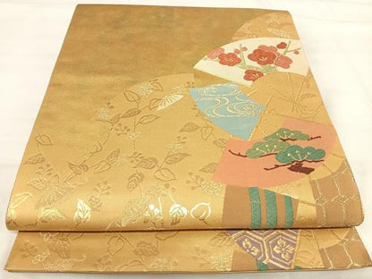 平和屋着物◎六通太鼓柄袋帯 唐織 扇面吉祥文 金糸 正絹 逸品 AABI5564yx