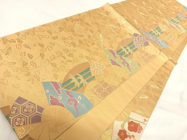 平和屋着物◎六通太鼓柄袋帯 唐織 扇面吉祥文 金糸 正絹 逸品 AABI5564yx