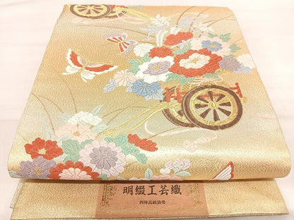 平和屋着物◎西陣　明綴工芸織　六通柄袋帯　唐織　花車文　金銀糸　正絹　逸品　未使用　AABI5573yx