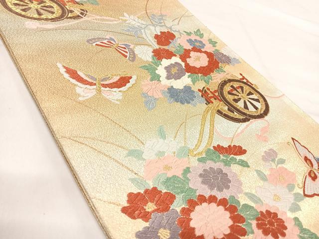 平和屋着物◎西陣　明綴工芸織　六通柄袋帯　唐織　花車文　金銀糸　正絹　逸品　未使用　AABI5573yx