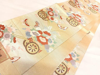 平和屋着物◎西陣　明綴工芸織　六通柄袋帯　唐織　花車文　金銀糸　正絹　逸品　未使用　AABI5573yx