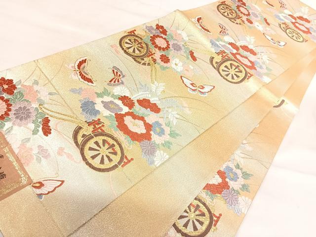 平和屋着物◎西陣　明綴工芸織　六通柄袋帯　唐織　花車文　金銀糸　正絹　逸品　未使用　AABI5573yx