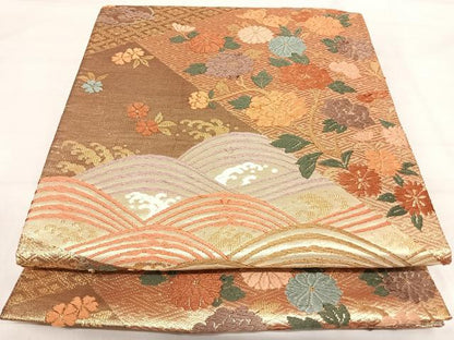 平和屋着物◎佐賀錦　六通柄袋帯　唐織　立波花文　金糸　鈴乃屋扱い　正絹　逸品　AABI5574yx