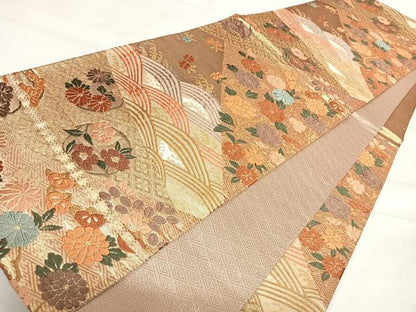平和屋着物◎佐賀錦　六通柄袋帯　唐織　立波花文　金糸　鈴乃屋扱い　正絹　逸品　AABI5574yx