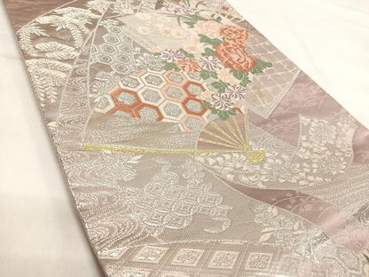 平和屋着物◎六通柄袋帯　唐織　色紙重ね扇面花文　金銀糸　正絹　逸品　AABI5575yx