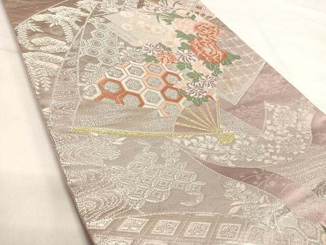 平和屋着物◎六通柄袋帯　唐織　色紙重ね扇面花文　金銀糸　正絹　逸品　AABI5575yx