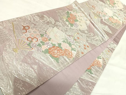 平和屋着物◎六通柄袋帯　唐織　色紙重ね扇面花文　金銀糸　正絹　逸品　AABI5575yx