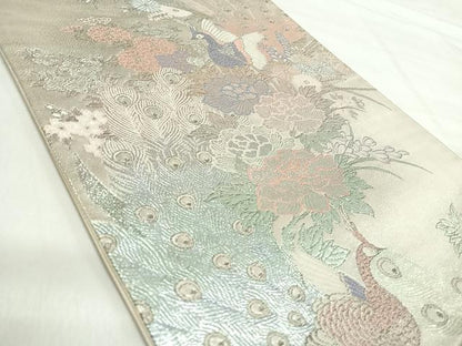 平和屋着物◎六通柄袋帯　孔雀花文　銀糸　正絹　逸品　AABI5579yx
