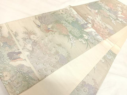 平和屋着物◎六通柄袋帯　孔雀花文　銀糸　正絹　逸品　AABI5579yx