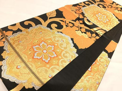 平和屋着物◎六通柄袋帯　唐織　正倉院花文　黒地　金銀糸　正絹　逸品　AABI5580yx