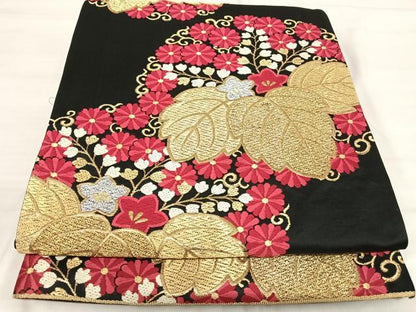 平和屋着物◎六通柄袋帯　唐織　花桐文　黒地　金銀糸　正絹　逸品　AABI5582yx
