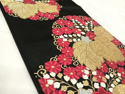 平和屋着物◎六通柄袋帯　唐織　花桐文　黒地　金銀糸　正絹　逸品　AABI5582yx