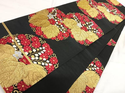 平和屋着物◎六通柄袋帯　唐織　花桐文　黒地　金銀糸　正絹　逸品　AABI5582yx