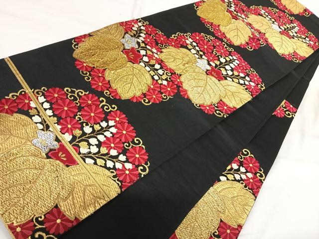 平和屋着物◎六通柄袋帯　唐織　花桐文　黒地　金銀糸　正絹　逸品　AABI5582yx