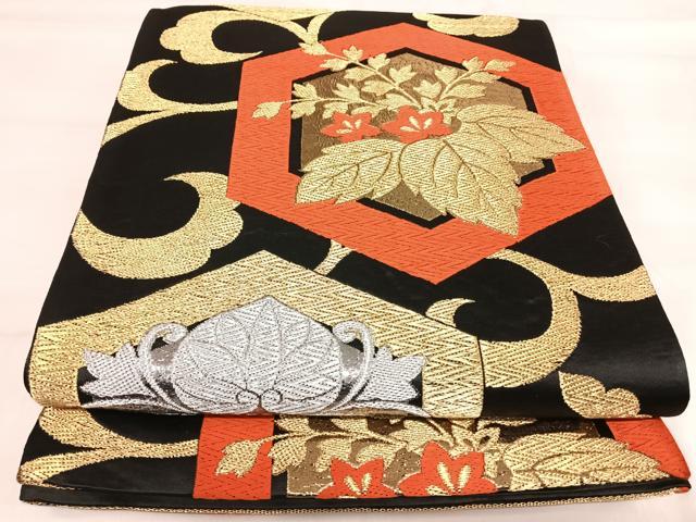 平和屋着物◎六通柄袋帯　花菱文　黒地　金銀糸　正絹　逸品　AABI5584yx