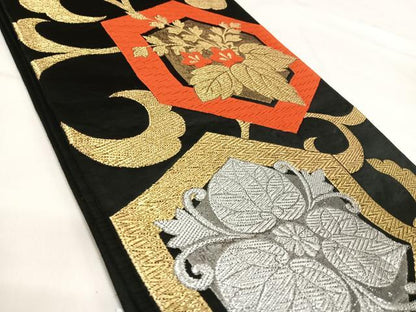 平和屋着物◎六通柄袋帯　花菱文　黒地　金銀糸　正絹　逸品　AABI5584yx