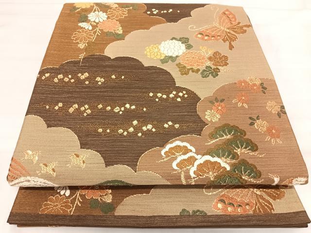 平和屋着物◎六通柄袋帯　唐織　飛鶴花蝶文　金糸　正絹　逸品　AABI5586yx