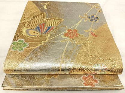 平和屋着物◎六通柄袋帯　花蝶文　金銀糸　正絹　逸品　AABI5588yx