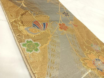 平和屋着物◎六通柄袋帯　花蝶文　金銀糸　正絹　逸品　AABI5588yx