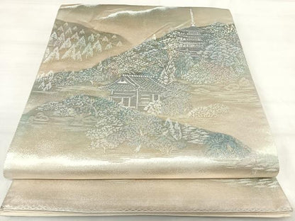 平和屋着物◎六通柄袋帯　小京都　風景文　明日香　プラチナ箔　正絹　逸品　AABI5589yx