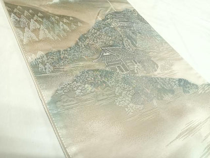 平和屋着物◎六通柄袋帯　小京都　風景文　明日香　プラチナ箔　正絹　逸品　AABI5589yx