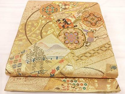平和屋着物◎六通柄袋帯　人物花文　金糸　正絹　逸品　未使用　AABI5591yx