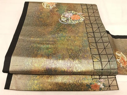 平和屋着物◎九寸名古屋帯 唐織 雪輪花文 黒地 金糸 引箔 正絹 逸品 AABI5594yx