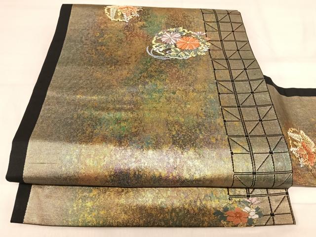 平和屋着物◎九寸名古屋帯 唐織 雪輪花文 黒地 金糸 引箔 正絹 逸品 AABI5594yx