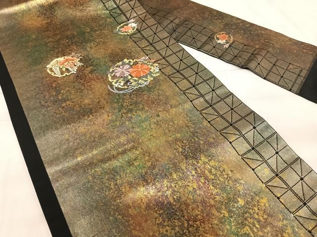 平和屋着物◎九寸名古屋帯 唐織 雪輪花文 黒地 金糸 引箔 正絹 逸品 AABI5594yx