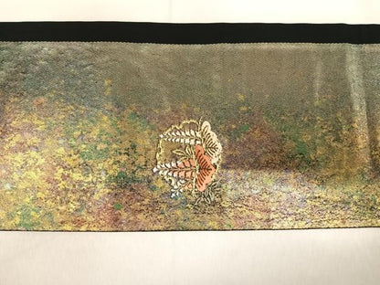平和屋着物◎九寸名古屋帯 唐織 雪輪花文 黒地 金糸 引箔 正絹 逸品 AABI5594yx
