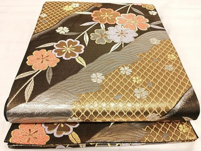 平和屋着物◎六通柄袋帯　立波花文　黒地　金銀糸　正絹　逸品　AABI5599yx