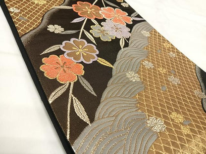 平和屋着物◎六通柄袋帯　立波花文　黒地　金銀糸　正絹　逸品　AABI5599yx