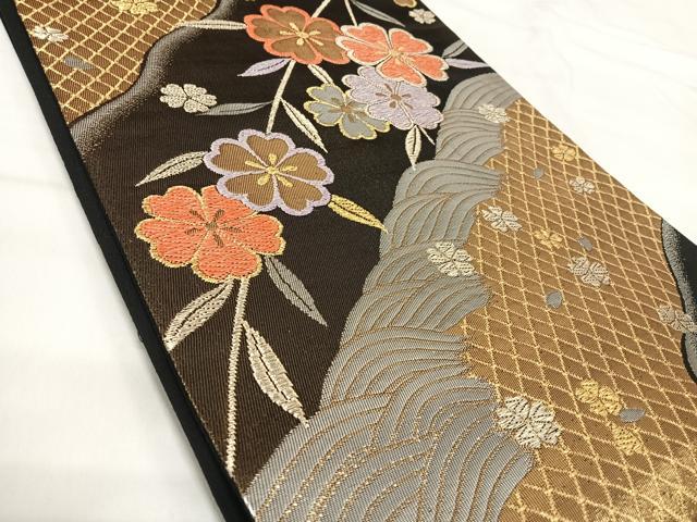 平和屋着物◎六通柄袋帯　立波花文　黒地　金銀糸　正絹　逸品　AABI5599yx