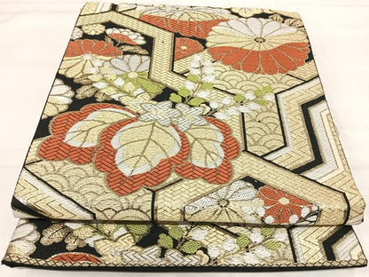 平和屋着物◎六通柄京袋帯　桐　黒地　金糸　正絹　逸品　AABI5601yx