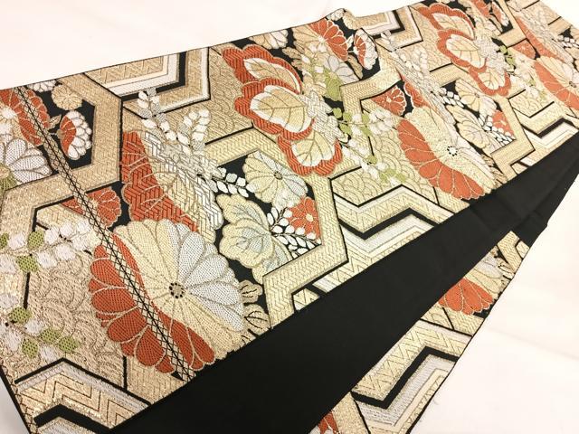 平和屋着物◎六通柄京袋帯　桐　黒地　金糸　正絹　逸品　AABI5601yx
