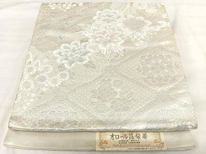 平和屋着物◎西陣あさぎ 六通柄袋帯 道長取孔雀文 オロール箔 銀糸 正絹 逸品 AABI5604yx