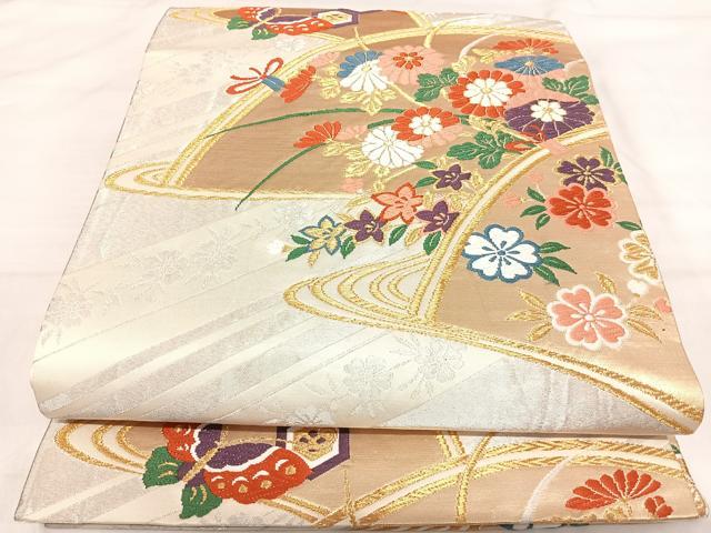 平和屋着物◎六通柄袋帯 唐織 花蝶文 金銀糸 正絹 逸品 AABI5605yx