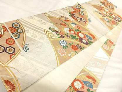 平和屋着物◎六通柄袋帯 唐織 花蝶文 金銀糸 正絹 逸品 AABI5605yx