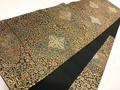 平和屋着物◎西陣 服部織物謹製 六通柄袋帯 こはく錦 二重箔織 飾花文 黒地 金糸 正絹 逸品 AABI5606yx