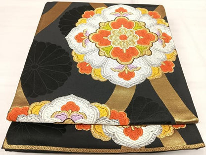 平和屋着物◎六通柄袋帯 唐織 立涌花文 黒地 金銀糸 正絹 逸品 AABI5609yx