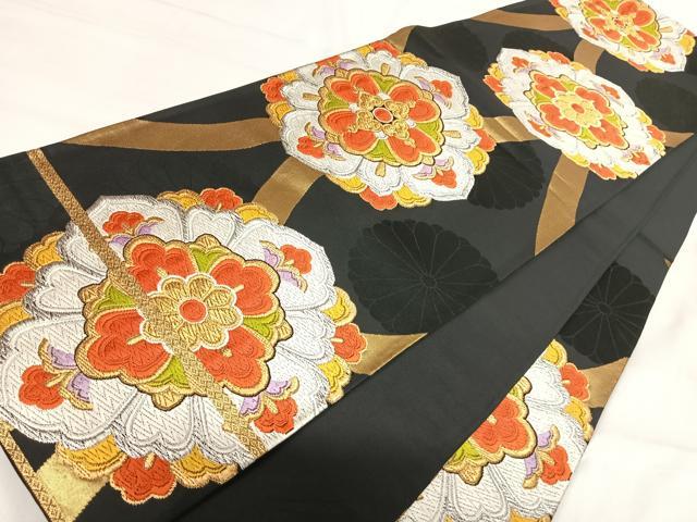 平和屋着物◎六通柄袋帯 唐織 立涌花文 黒地 金銀糸 正絹 逸品 AABI5609yx