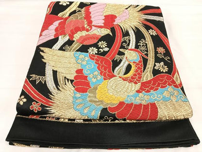 平和屋着物◎六通柄袋帯 唐織 向かい鳳凰 黒地 金銀糸 正絹 逸品 AABI5611yx