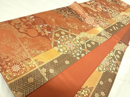平和屋着物◎六通柄袋帯　道長蜀江花文　金糸　正絹　逸品　AABI5613yx
