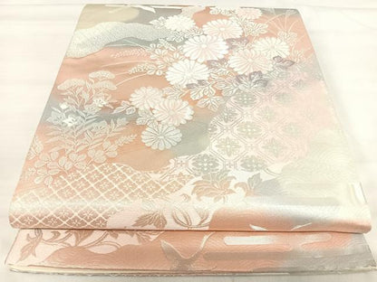 平和屋着物◎六通柄袋帯　飛鶴花文　銀糸　正絹　逸品　AABI5617yx